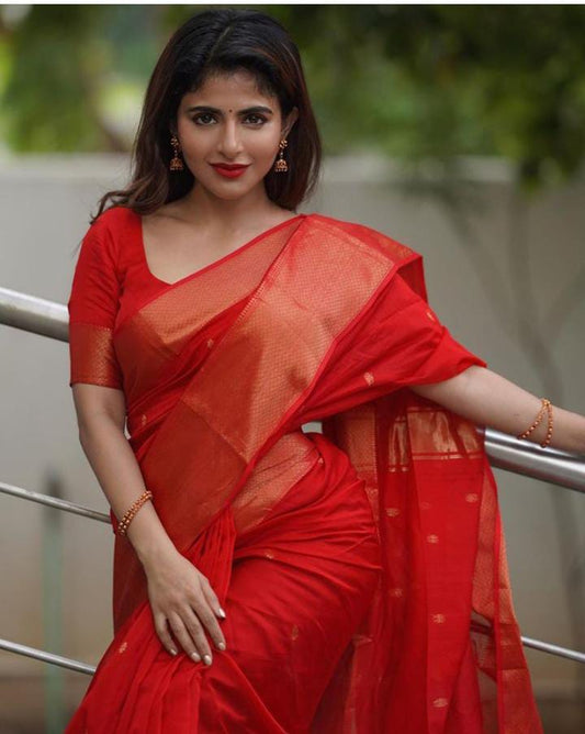 Red Gossamer Silk Cotton Maheshwari Saree