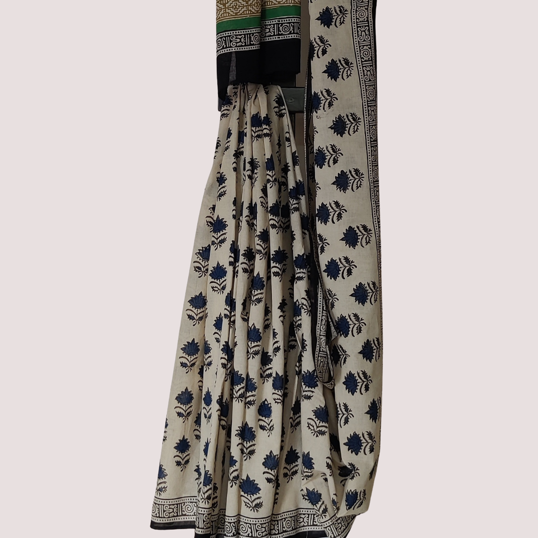 Beige And Blue Mul Cotton Saree Vaagmi World