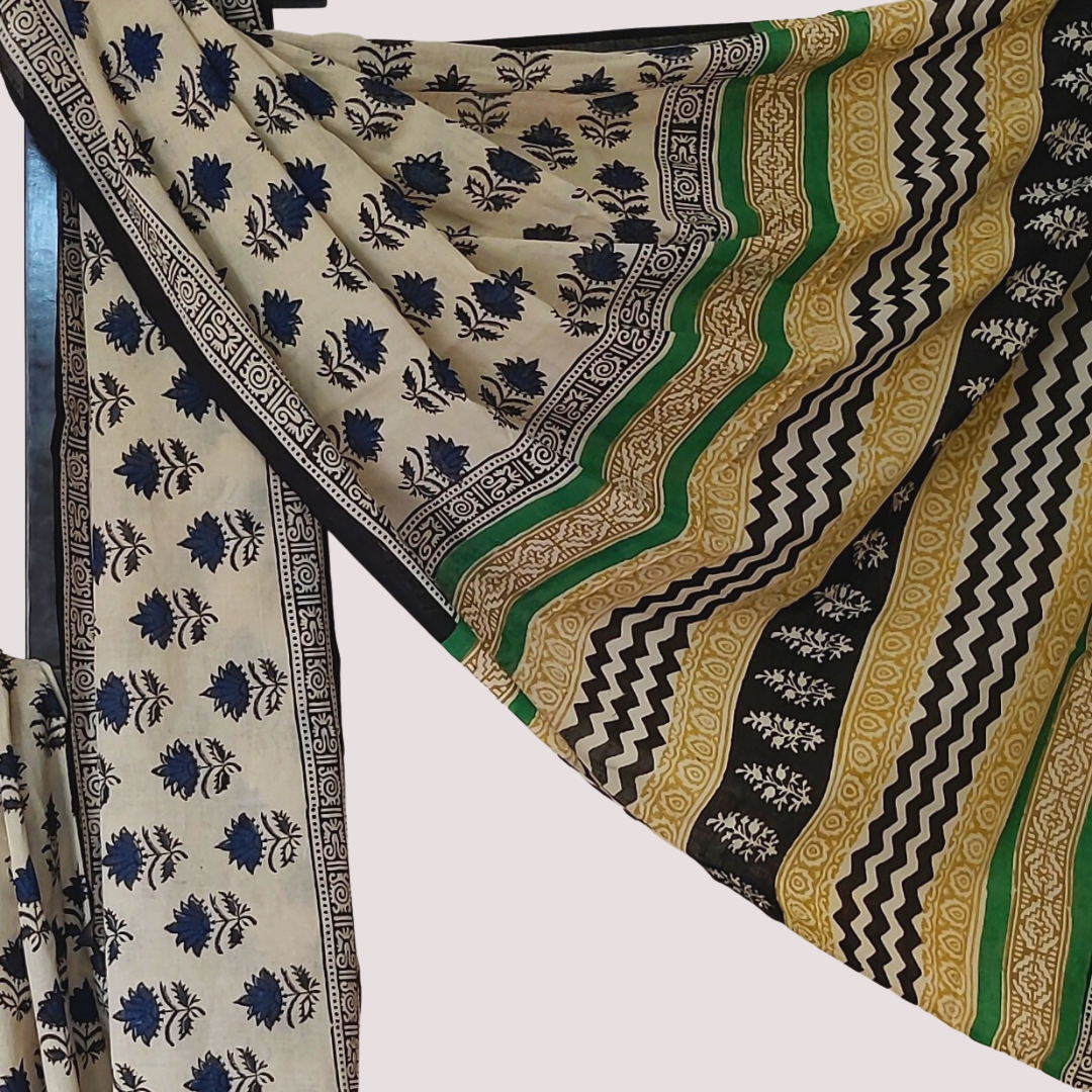Beige And Blue Mul Cotton Saree Vaagmi World