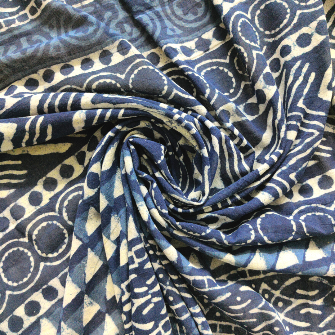 INDIGO HERRINGBONE Block Printed Mul Cotton Saree