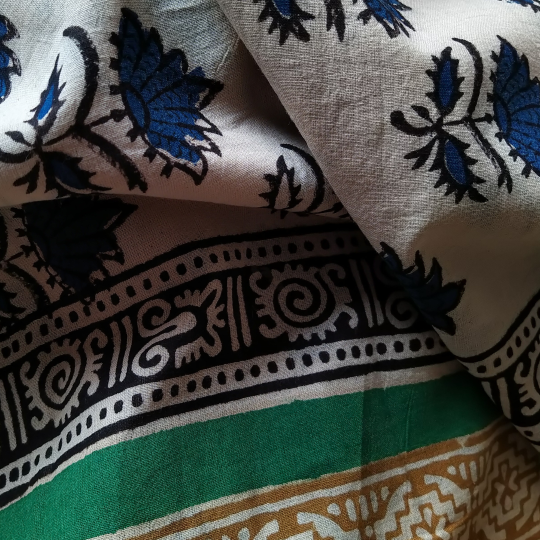 BEIGE & BLUE Block Printed Mul Cotton Saree