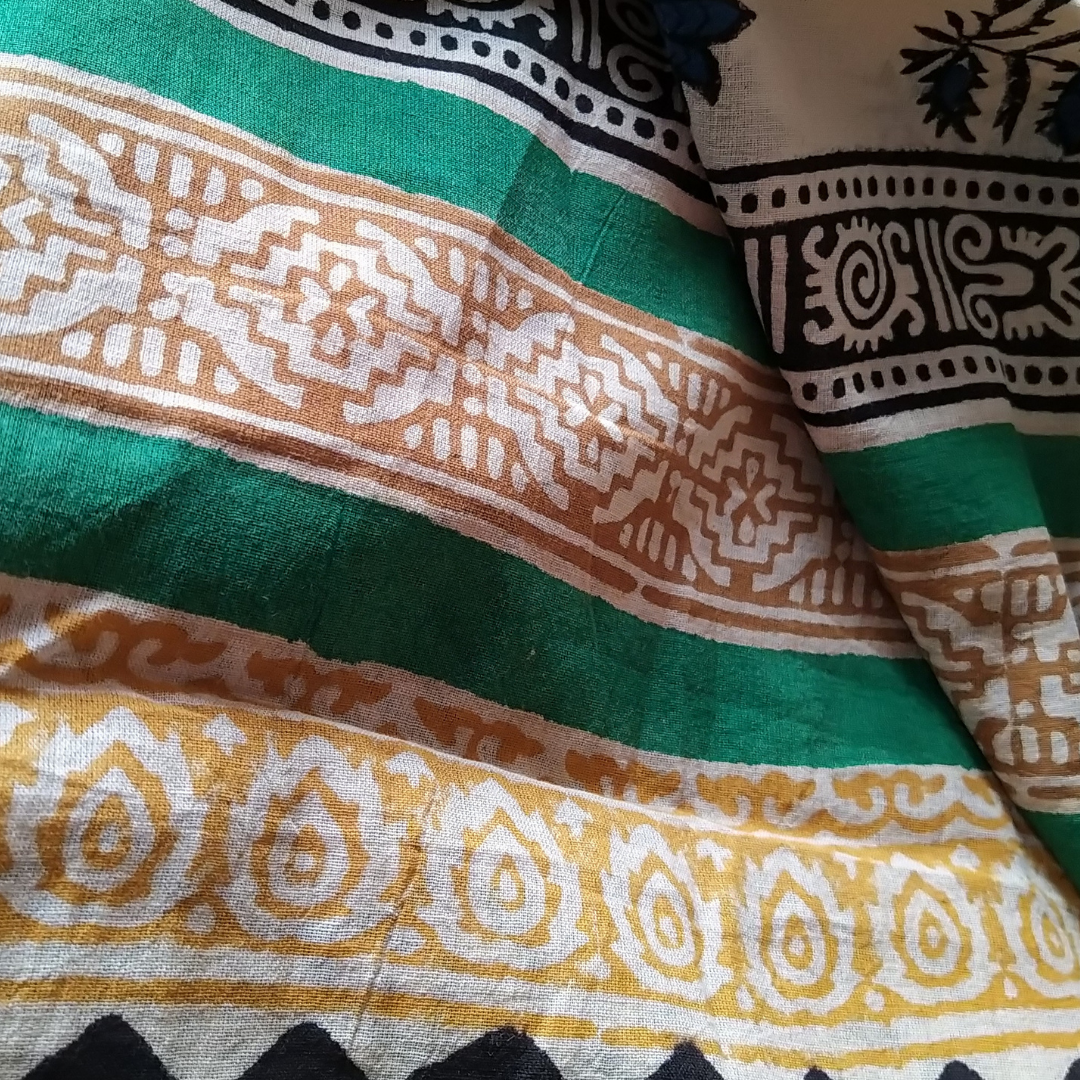 BEIGE & BLUE Block Printed Mul Cotton Saree