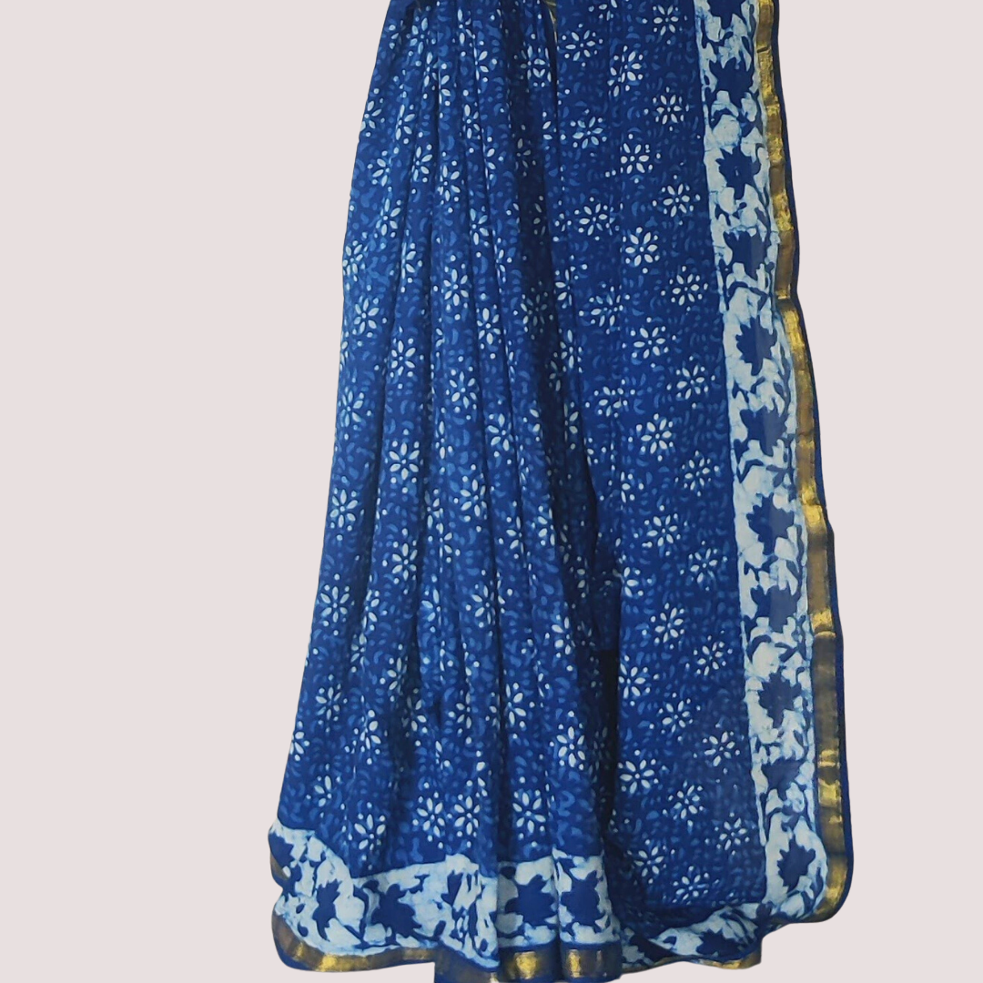 INDIGO SPARKLING STARS Block Printed Mul Cotton Saree