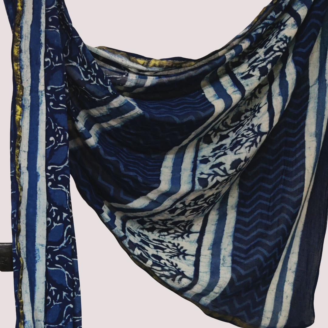 INDIGO WAVES Block Printed Mul Cotton Saree