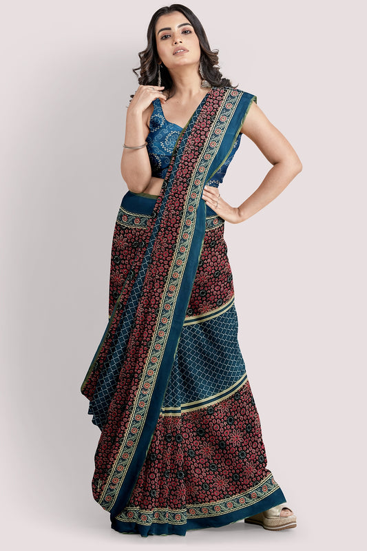 AABHA Block Printed Mul Cotton Saree With Sleek Zari Border