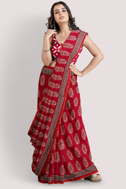 AADITA Block Printed Mul Cotton Saree With Sleek Zari Border