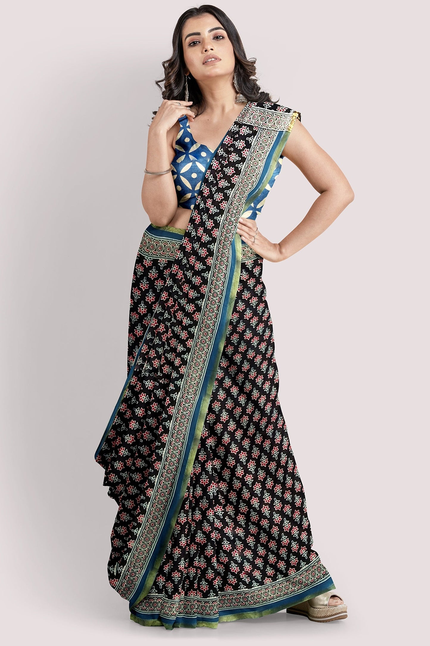 AANANDITA Block Printed Mul Cotton Saree With Sleek Zari Border