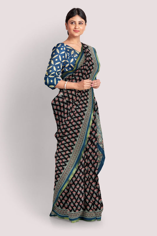 AANANDITA Block Printed Mul Cotton Saree With Sleek Zari Border