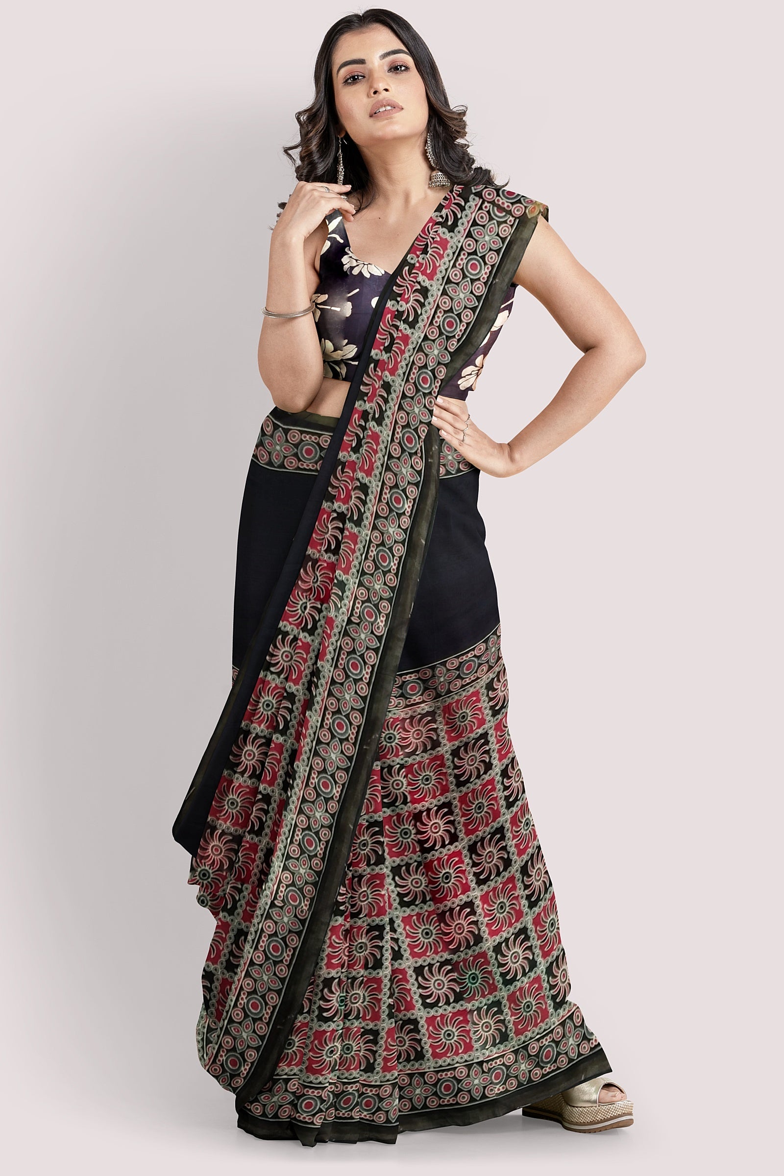 BAANI Block Printed Mul Cotton Saree With Sleek Zari Border