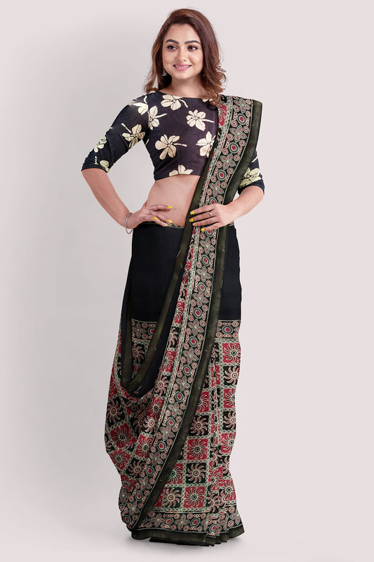 BAANI Block Printed Mul Cotton Saree With Sleek Zari Border