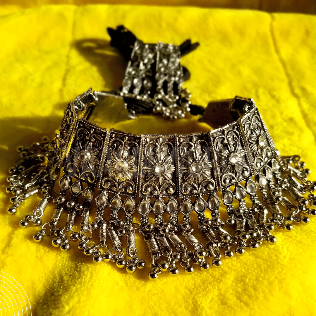 EIRAWATI Silver Oxidized Choker Necklace Set Vaagmi World
