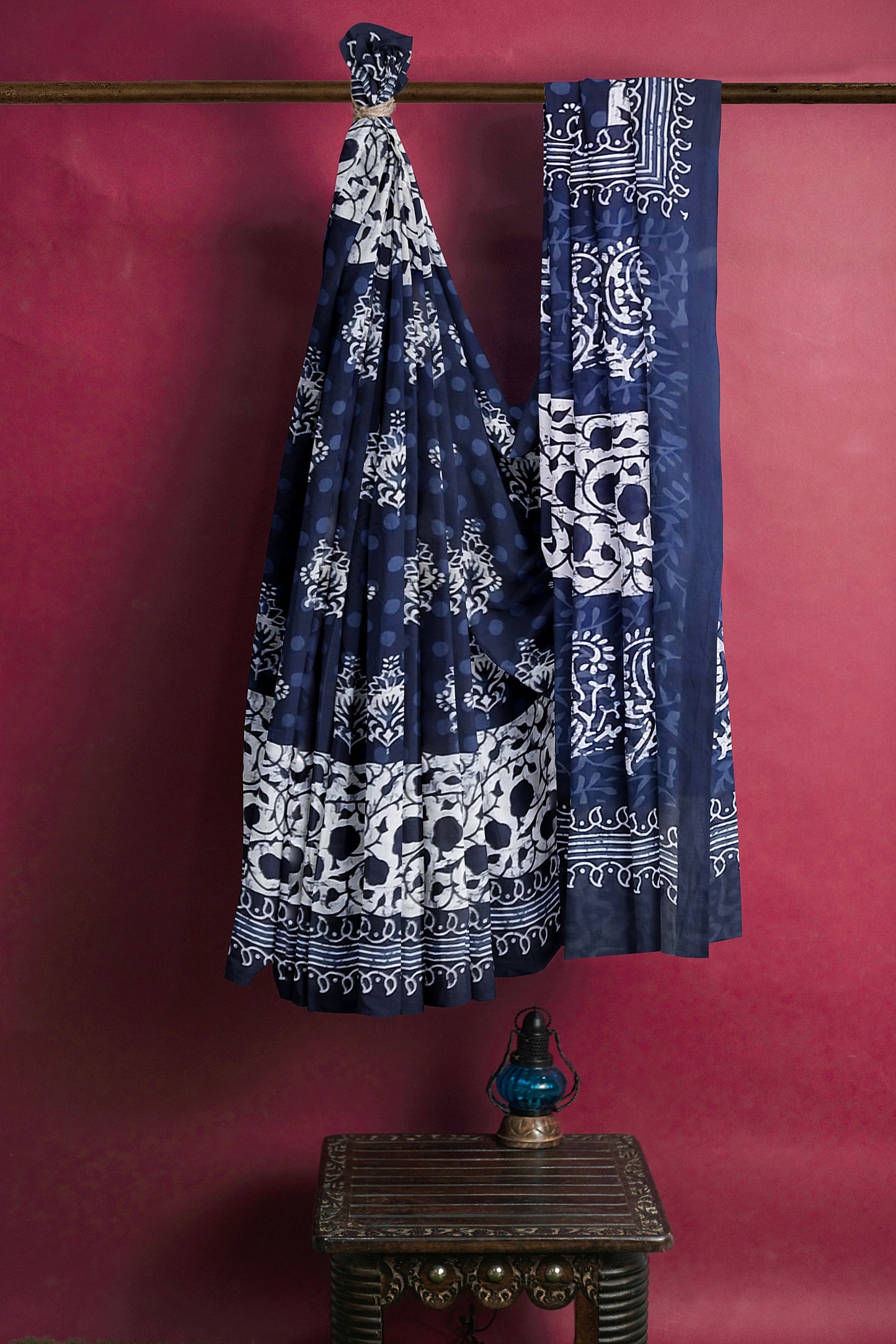 VAAGMI WORLD HANDBLOCK PRINTED INDIGO MUL COTTON SAREE