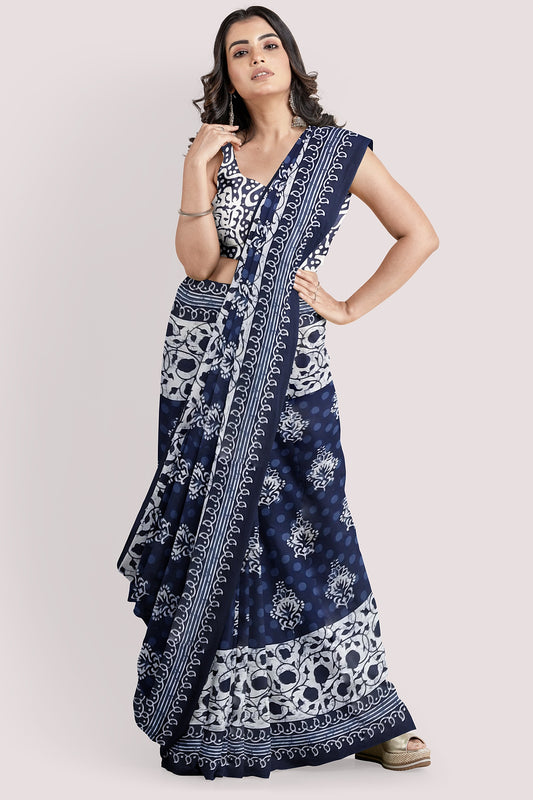 VAAGMI WORLD HANDBLOCK PRINTED INDIGO MUL COTTON SAREE