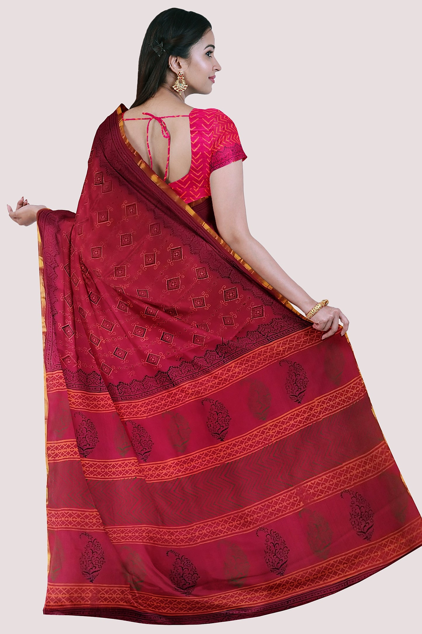 VAAGMI WORLD Handblock Print Mul Cotton Saree