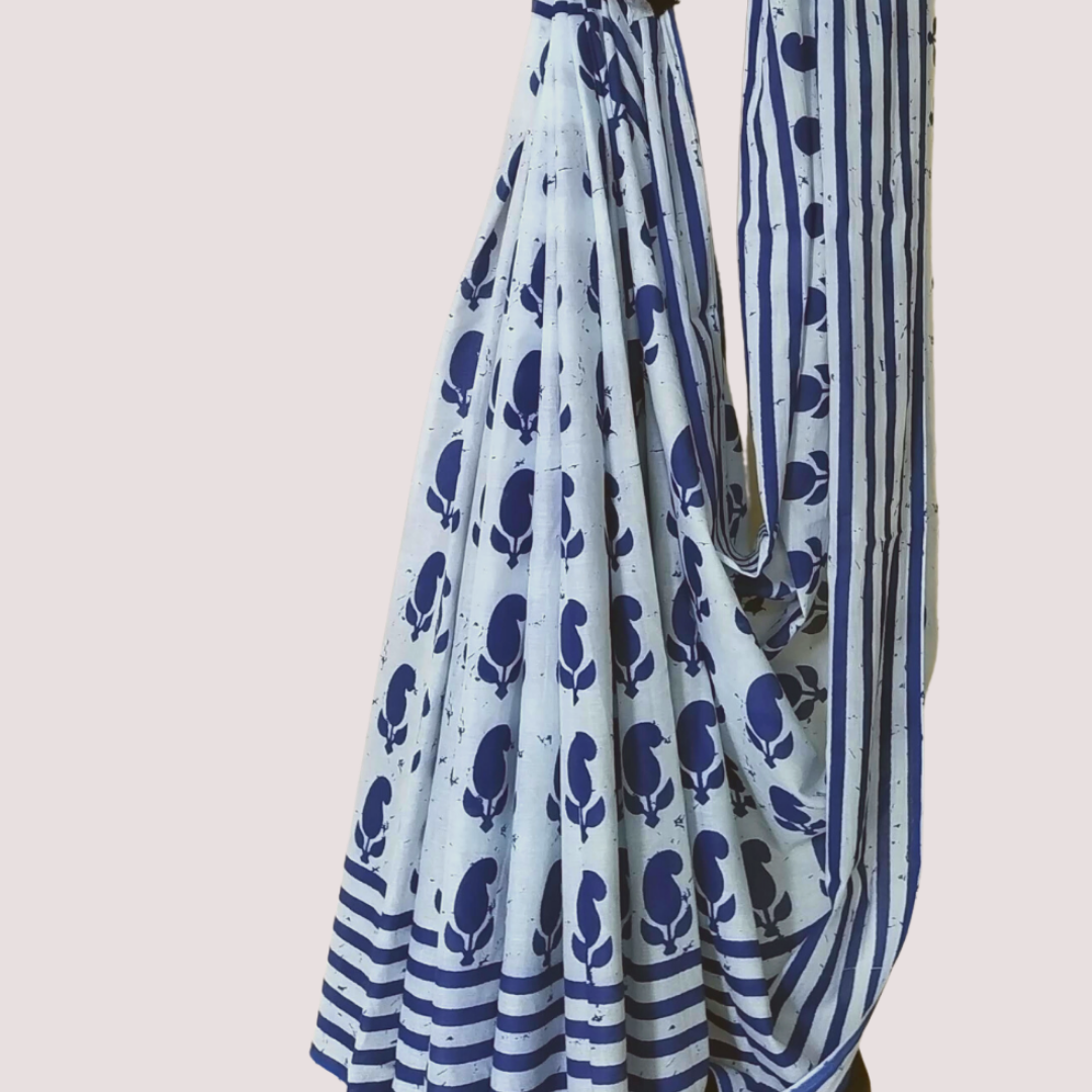 INDIGO Block Printed Mul Cotton Saree