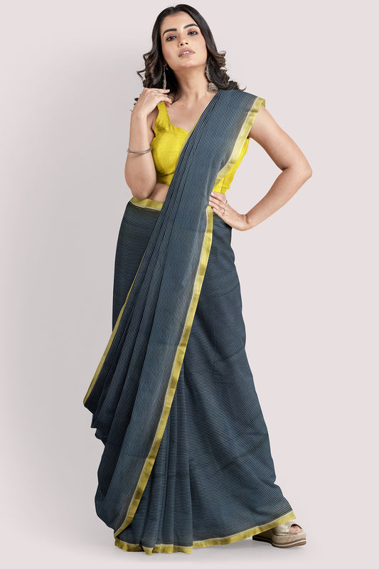 Rehwa Navy Blue Silk Cotton Maheshwari Handloom Saree