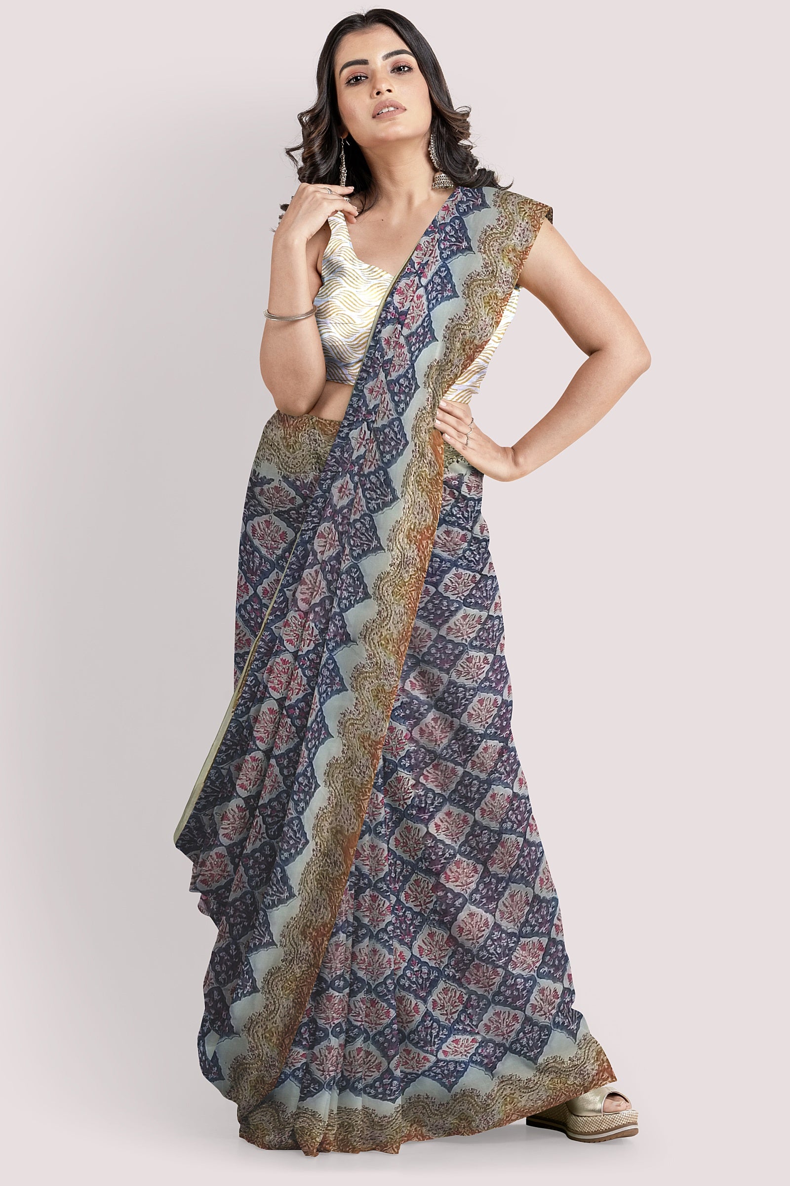 VAAGMI WORLD Handblock Print Mul Cotton Saree