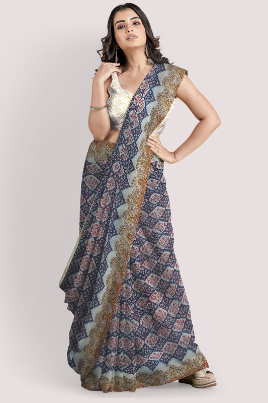 VAAGMI WORLD Handblock Print Mul Cotton Saree