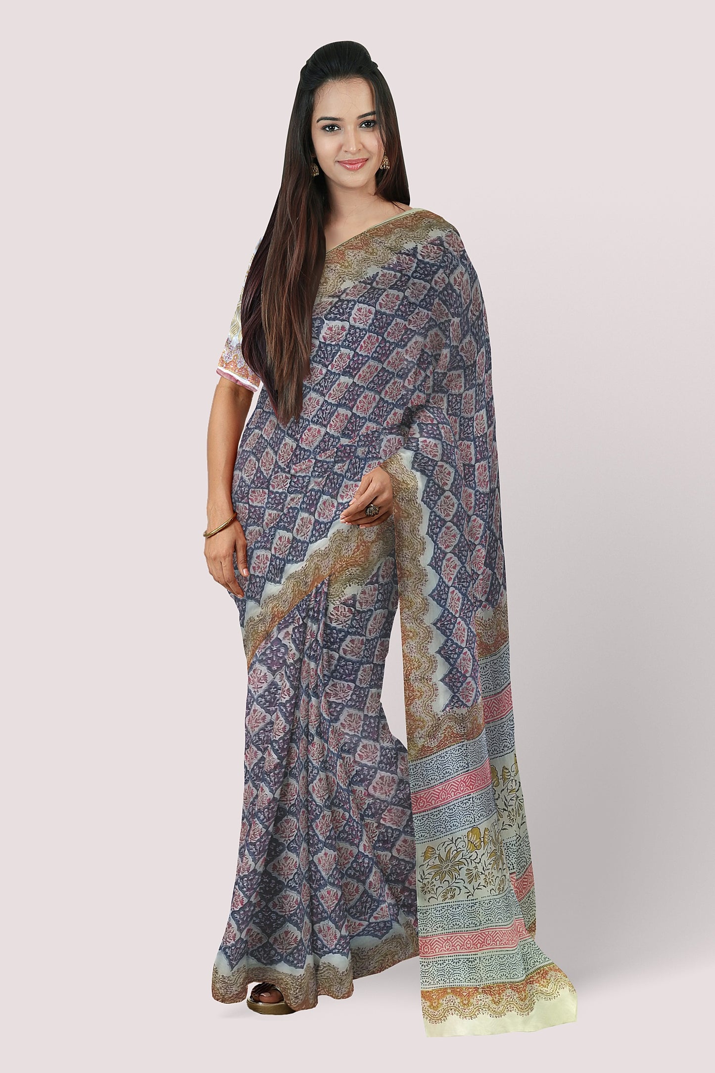 VAAGMI WORLD Handblock Print Mul Cotton Saree