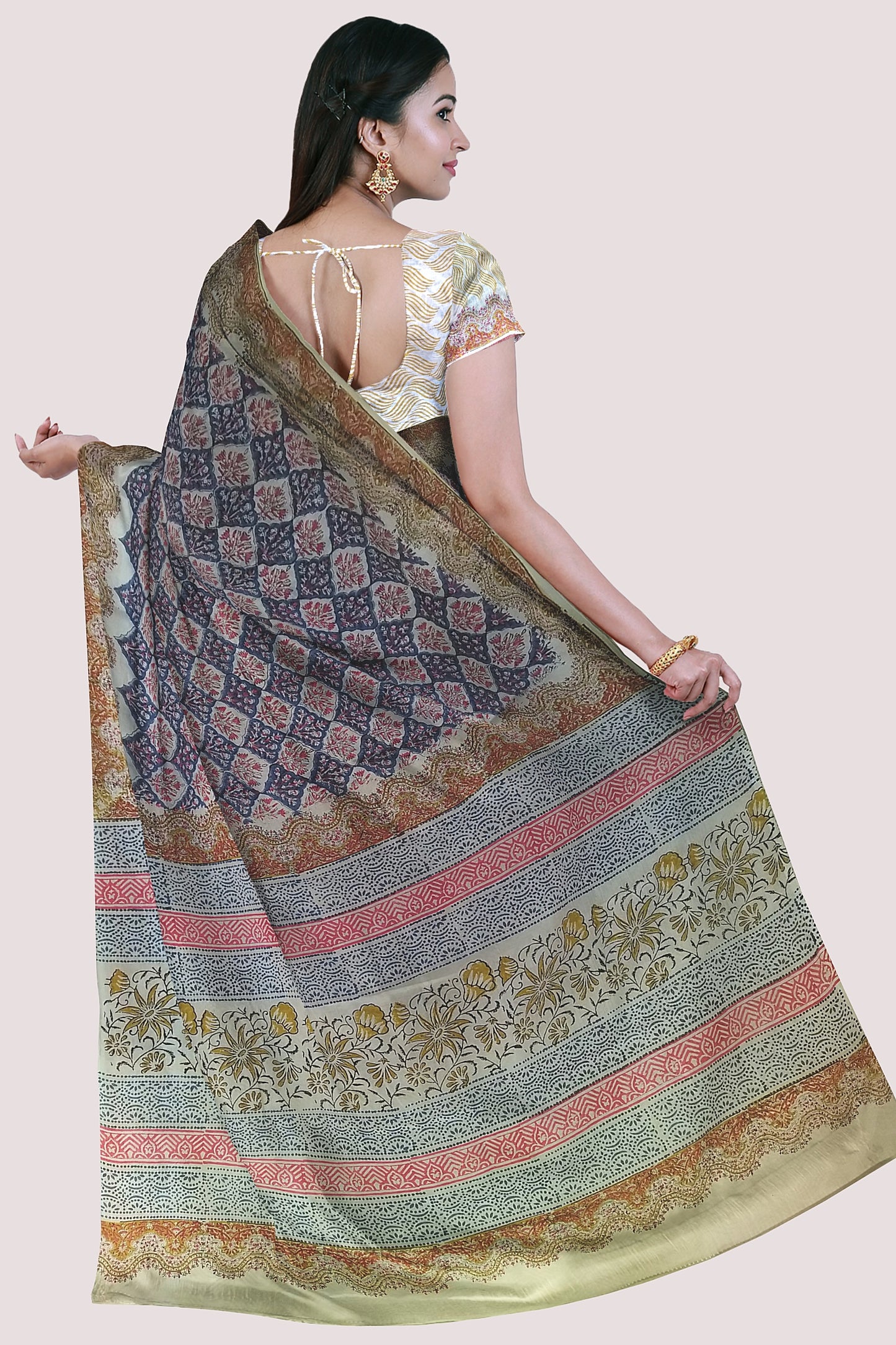 VAAGMI WORLD Handblock Print Mul Cotton Saree