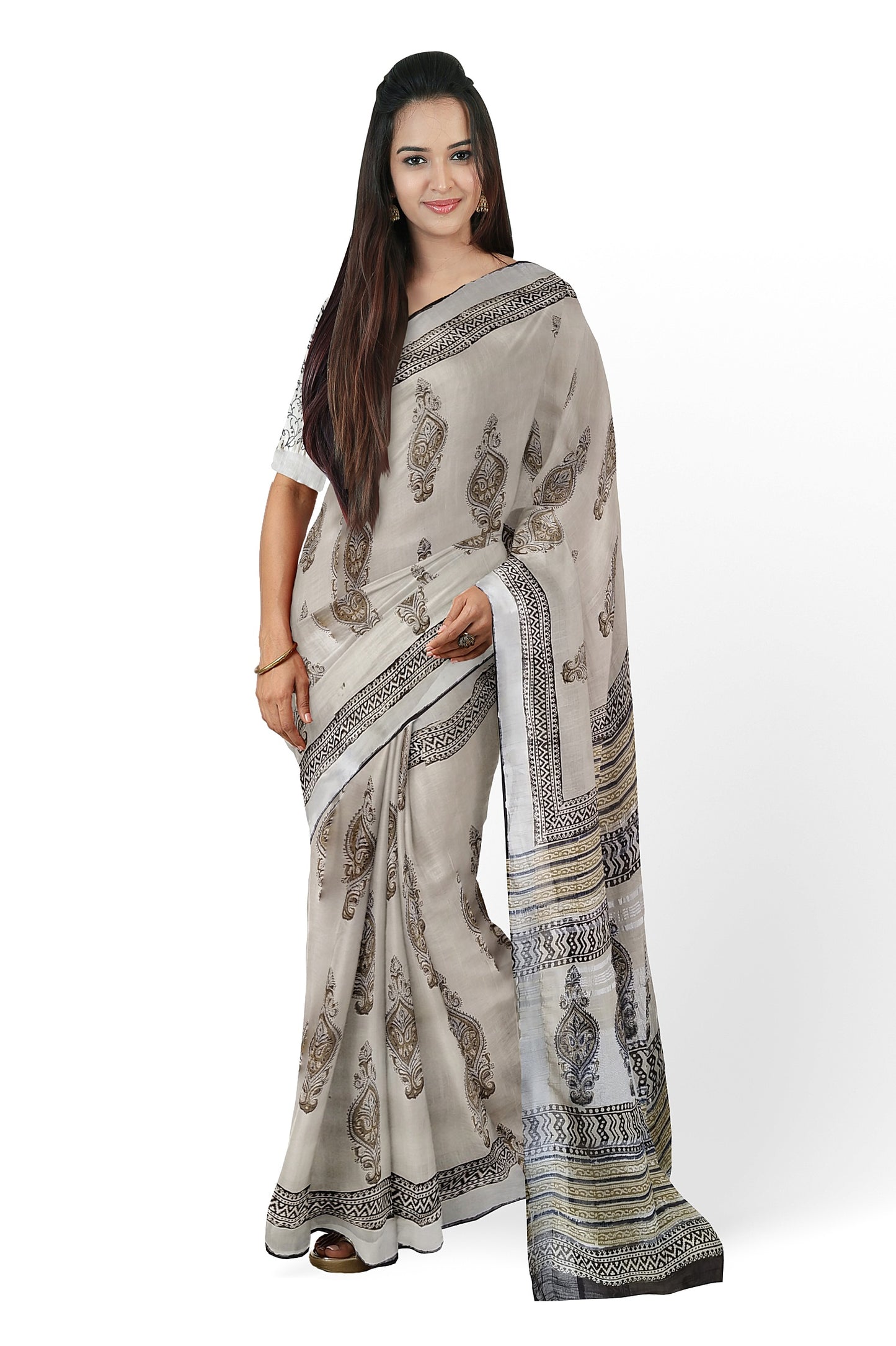 VAAGMI WORLD LINE COTTON THE CONCH HANDBLOCK PRINT SAREE