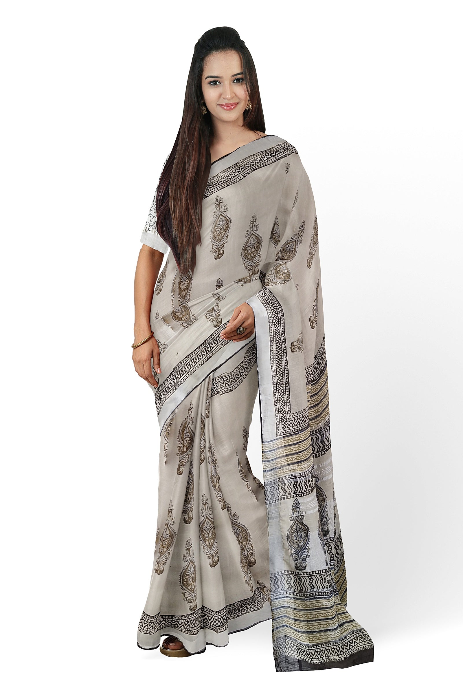 VAAGMI WORLD LINE COTTON THE CONCH HANDBLOCK PRINT SAREE