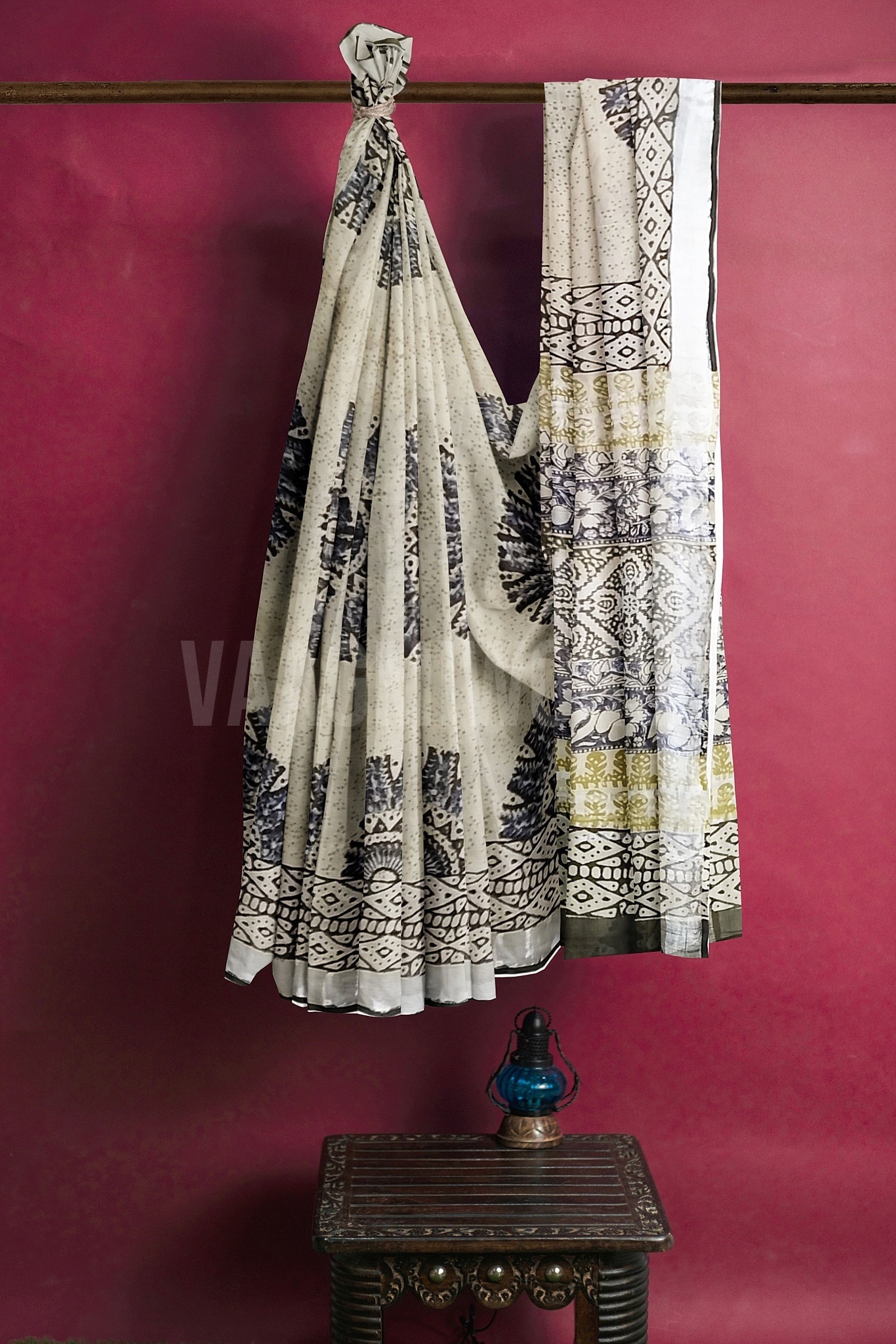 VAAGMI WORLD LINE COTTON INDIGO CHAKRA HANDBLOCK PRINT SAREE