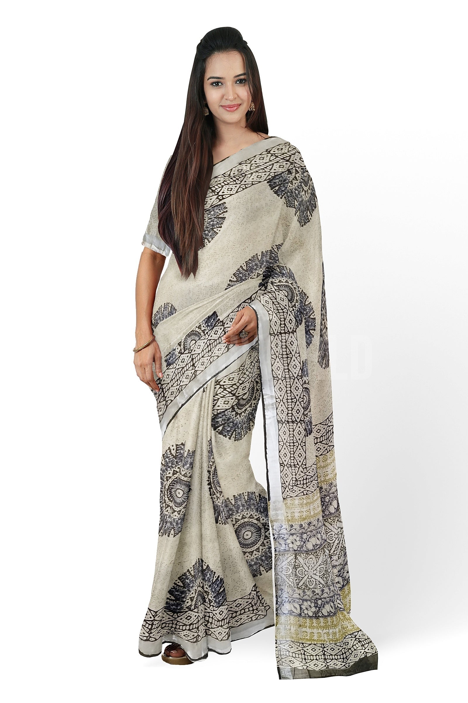 VAAGMI WORLD LINE COTTON INDIGO CHAKRA HANDBLOCK PRINT SAREE
