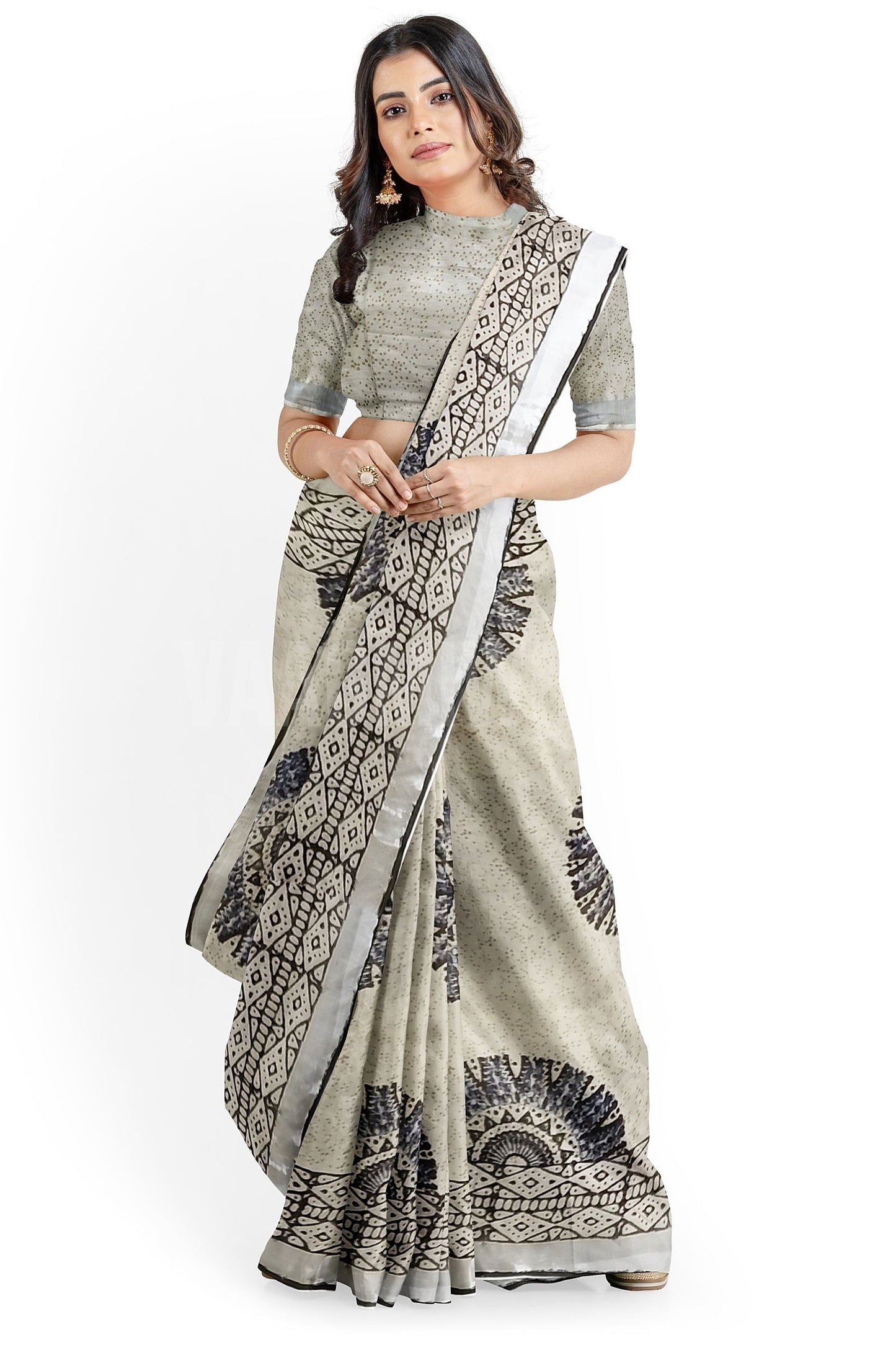 VAAGMI WORLD LINE COTTON INDIGO CHAKRA HANDBLOCK PRINT SAREE