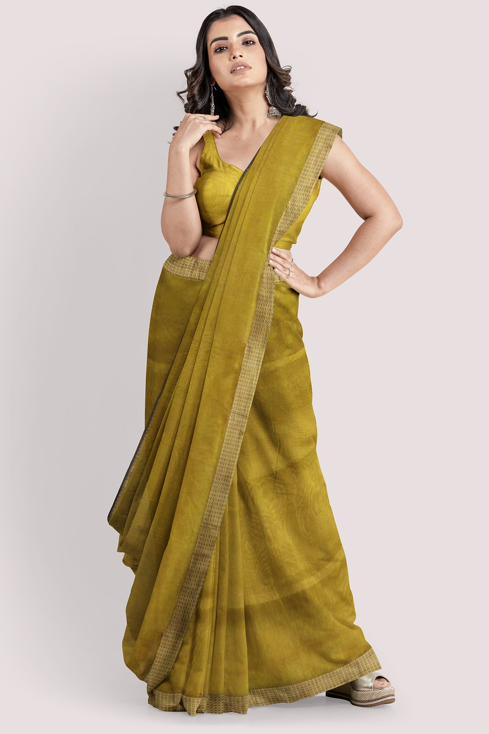 Vaagmi Exclusive Lemon Yellow Color Silk Cotton Maheshwari Saree