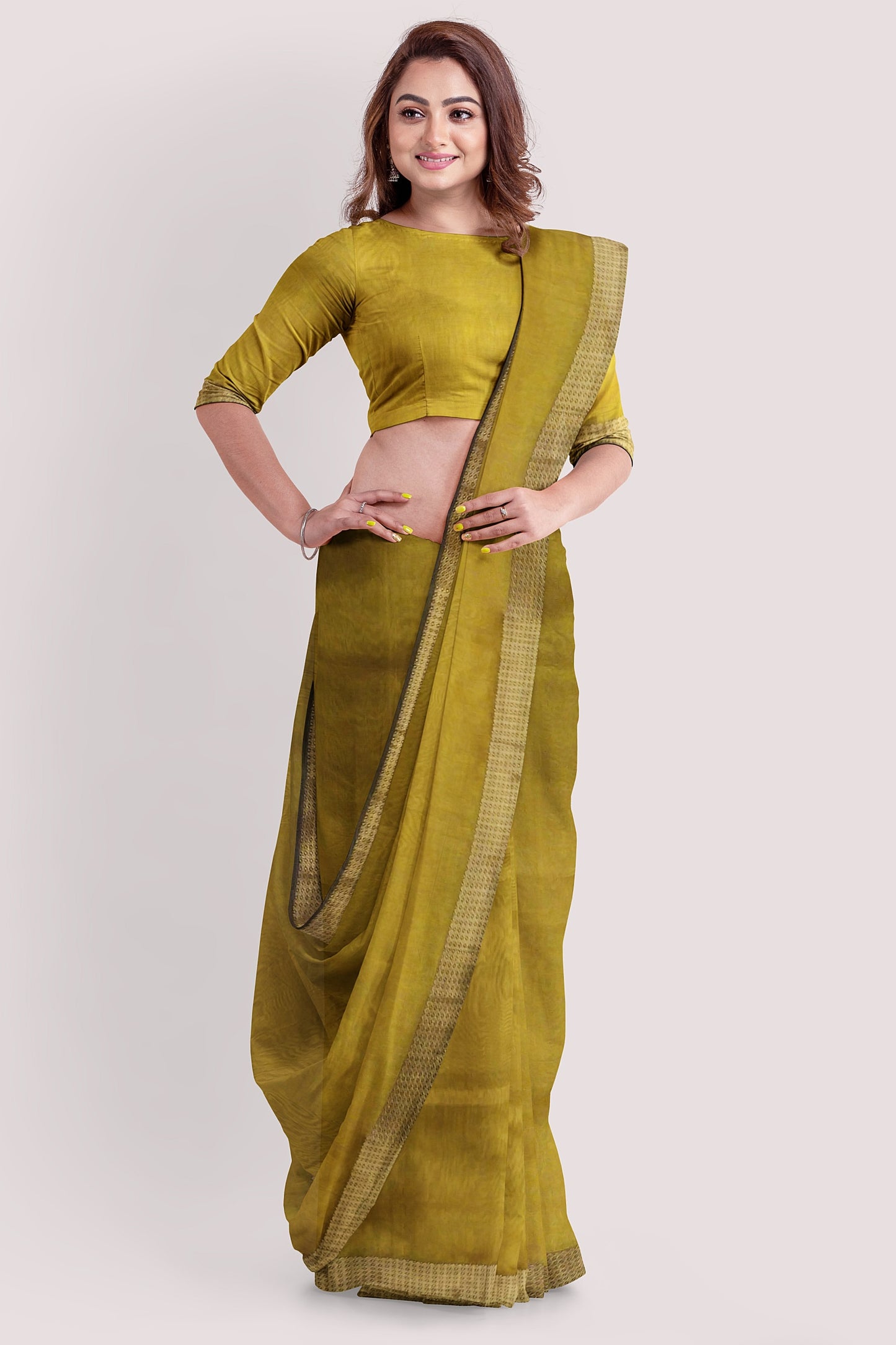 Vaagmi Exclusive Lemon Yellow Color Silk Cotton Maheshwari Saree
