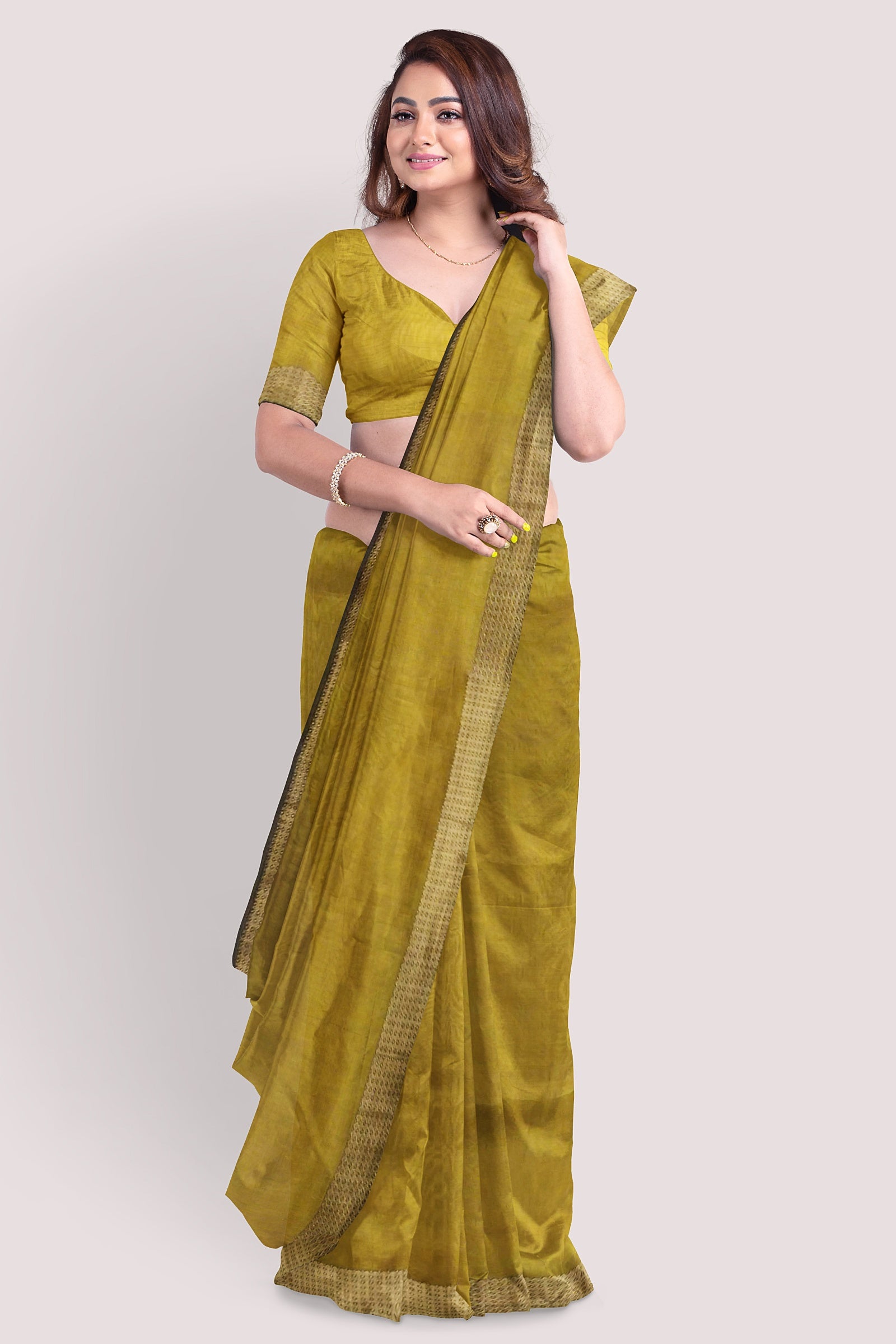 Vaagmi Exclusive Lemon Yellow Color Silk Cotton Maheshwari Saree