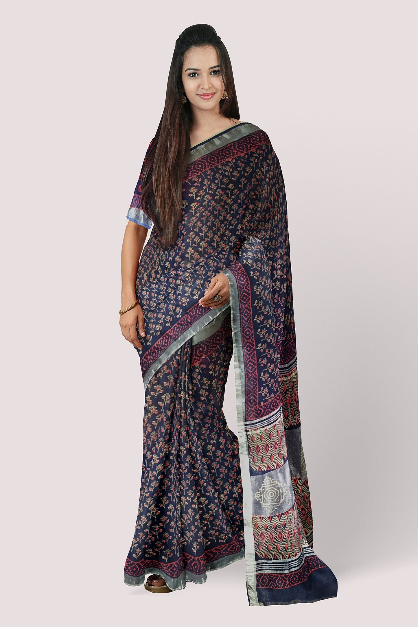 Vaagmi World Handblock Linen Cotton Saree