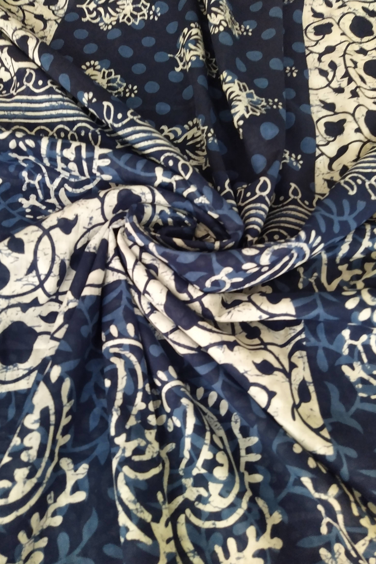 VAAGMI WORLD HANDBLOCK PRINTED INDIGO MUL COTTON SAREE