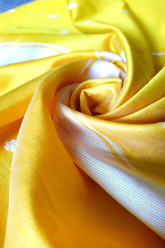 Yellow Handloom Maheshwari Saree With Cotton Motifs
