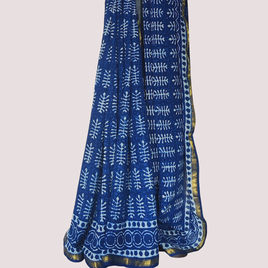 INDIGO HERRINGBONE Block Printed Mul Cotton Saree