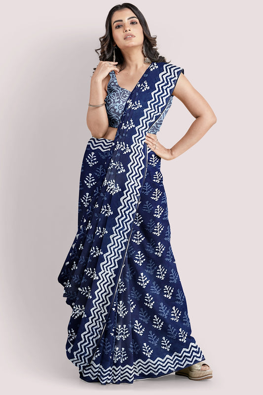 MEDHASVI Block Printed Mul Cotton Saree