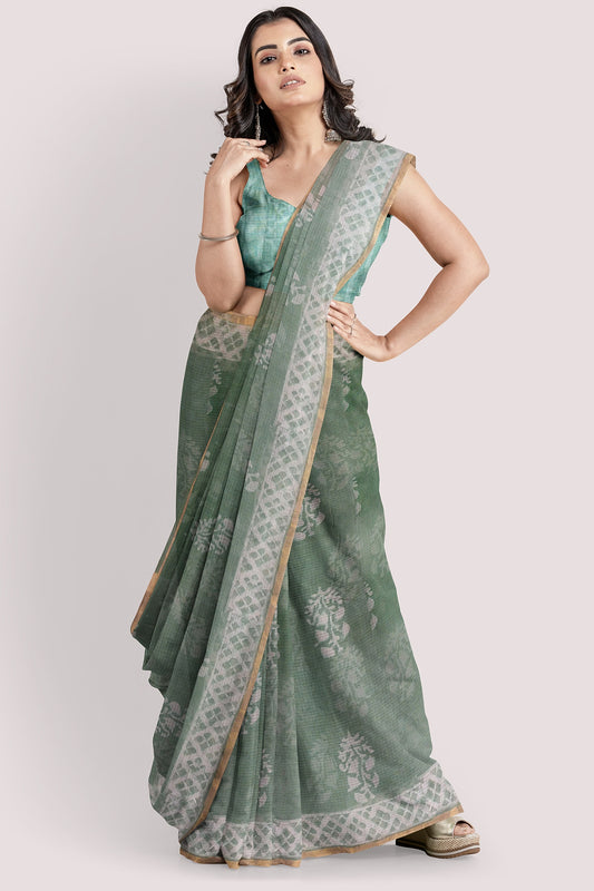 Basil Handblock Printed Kota Doria Saree Vaagmi World