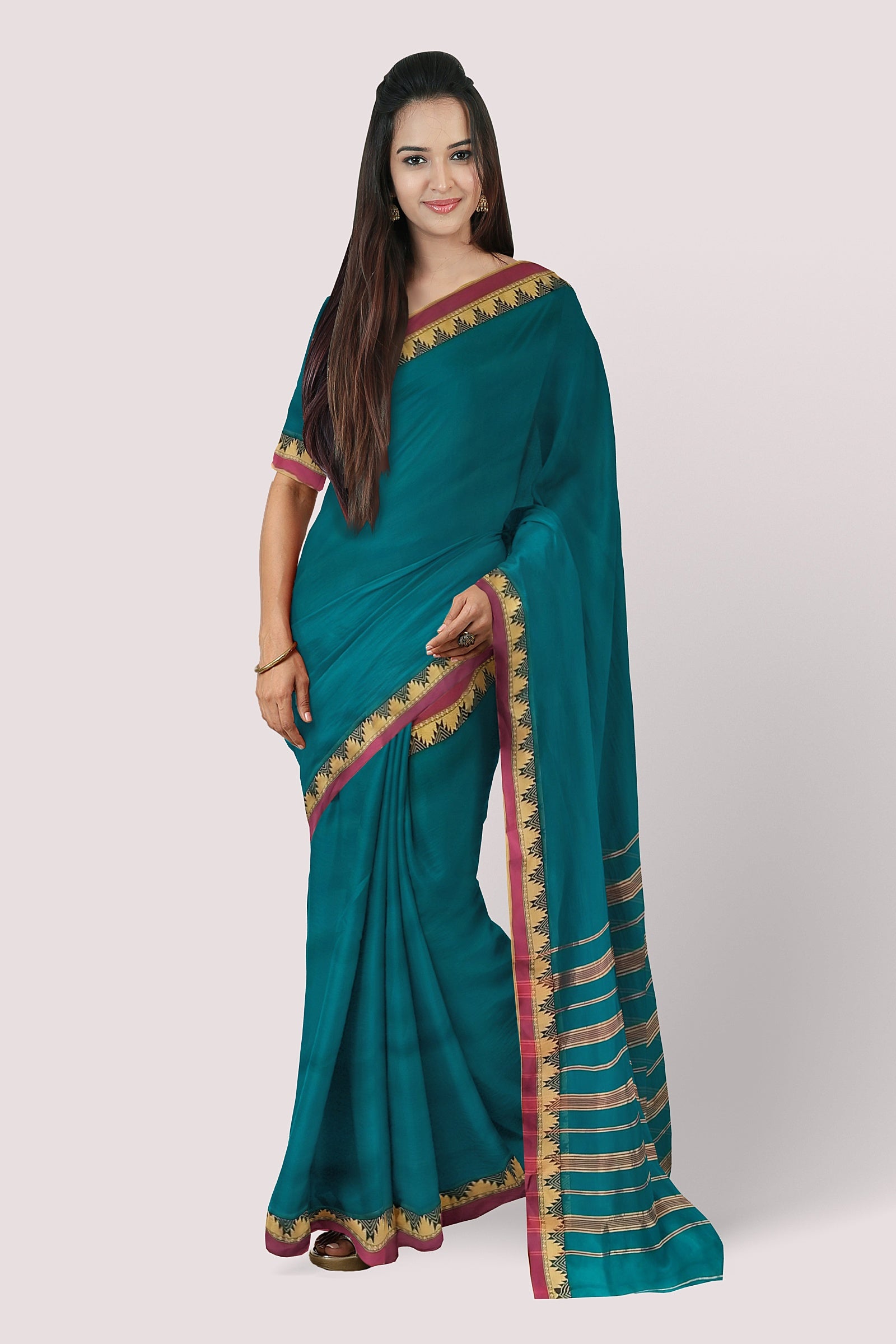 SOLD- 42052: SOUTH COTTON SAREE WITH CONTRAST BLOUSE: A beautiful blue South  cotton saree with a green temple border woven with motifs in… | Instagram