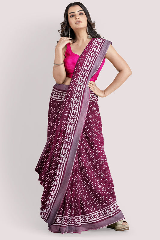 Vaagmi World Handblock Linen Cotton Saree