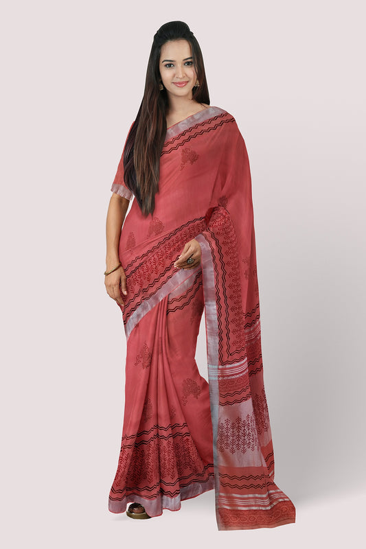 VAAGMI WORLD HANDBLOCK PRINTED LINEN COTTON SAREE