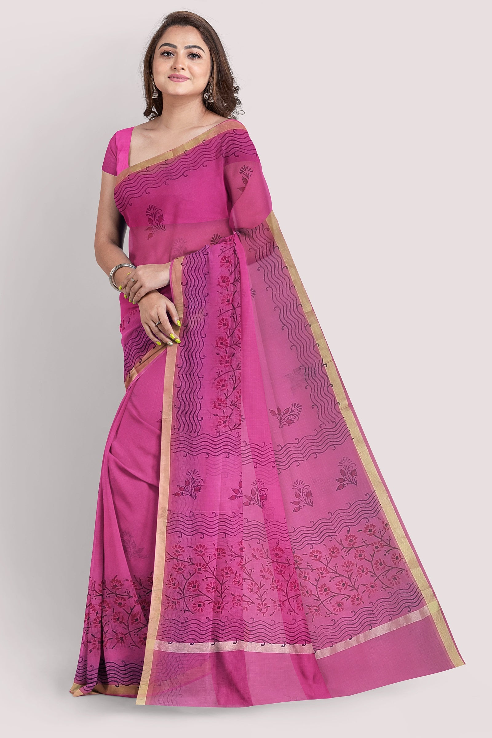 SAANVI Cotton Kota Doria Blockprint Saree
